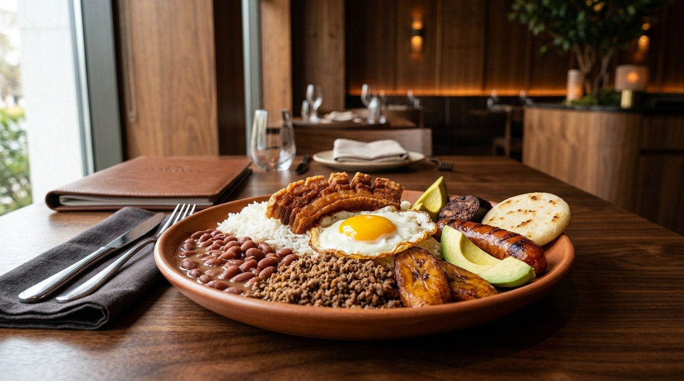 Bandeja paisa with fried egg, chicharrón, beans, rice, plantain and avocado